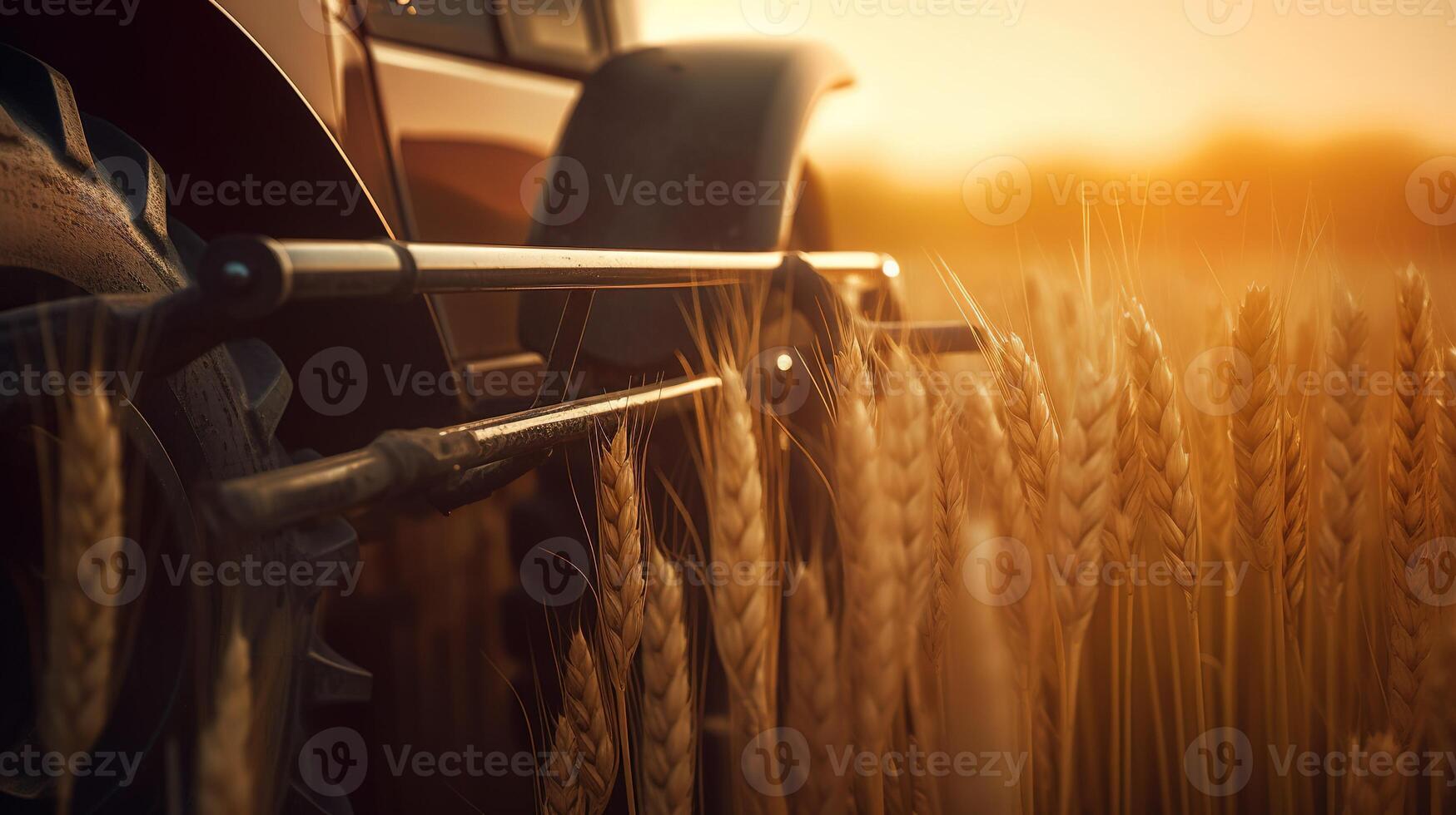 generativo ai, fechar-se moderno combinar colheitadeira em uma trigo campo, Fazenda paisagem, agrícola lindo interior. natureza ilustração, fotorrealista horizontal bandeira. foto