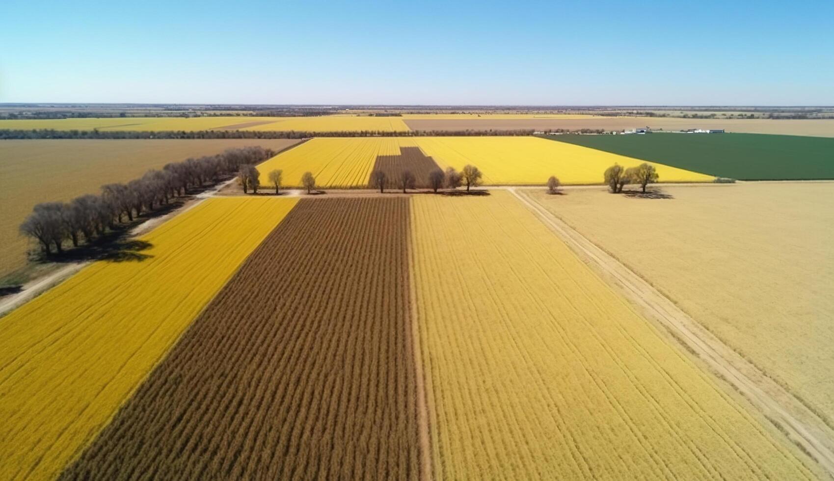 generativo ai, Fazenda paisagem, agrícola trigo Campos, lindo interior, país estrada. natureza ilustração, fotorrealista topo Visão drone, horizontal bandeira. foto