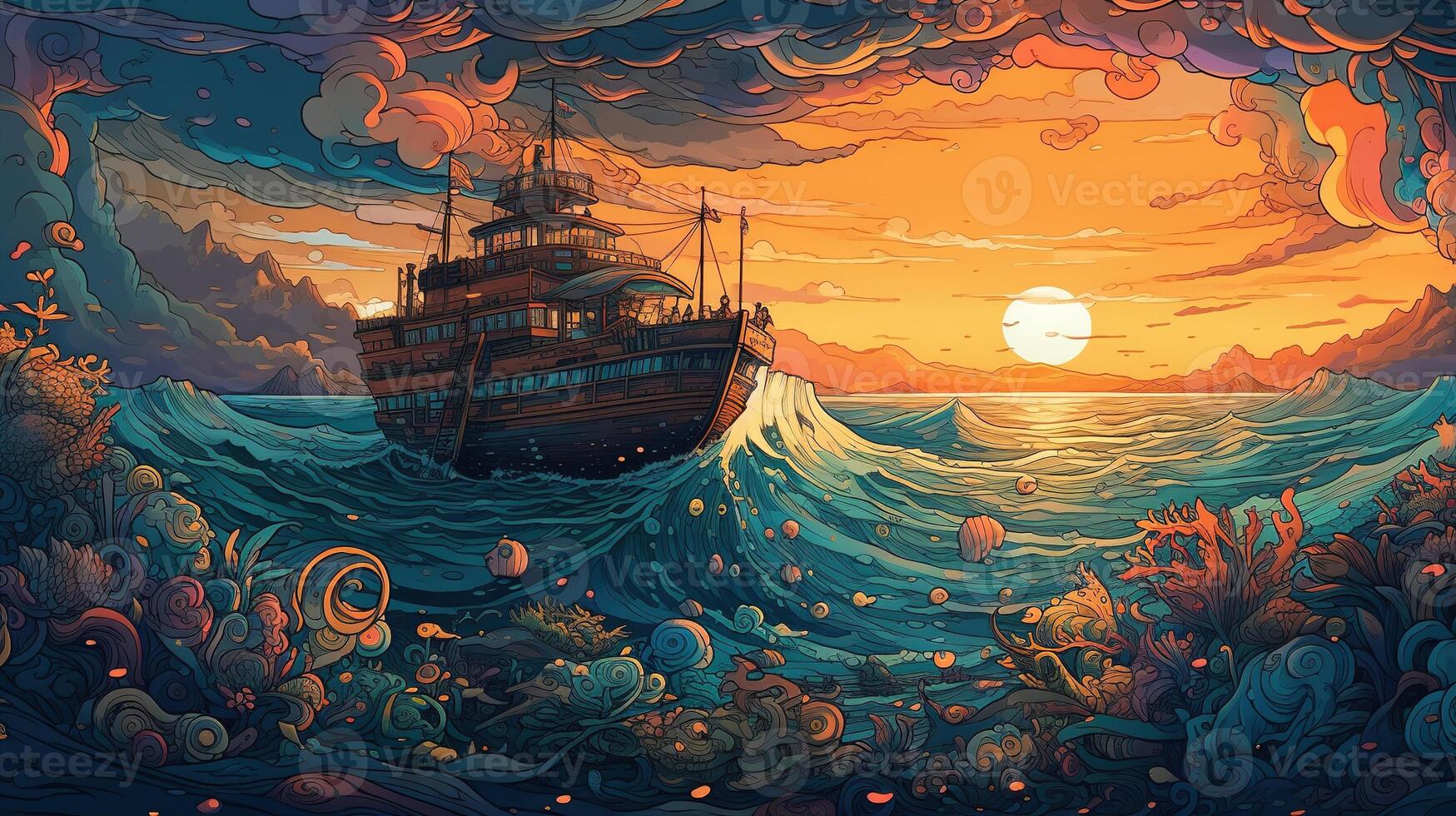 generativo ai, oceano dentro a pôr do sol linear ilustração, psicodélico mangá estilo, altamente detalhado. animê colorida estilo foto