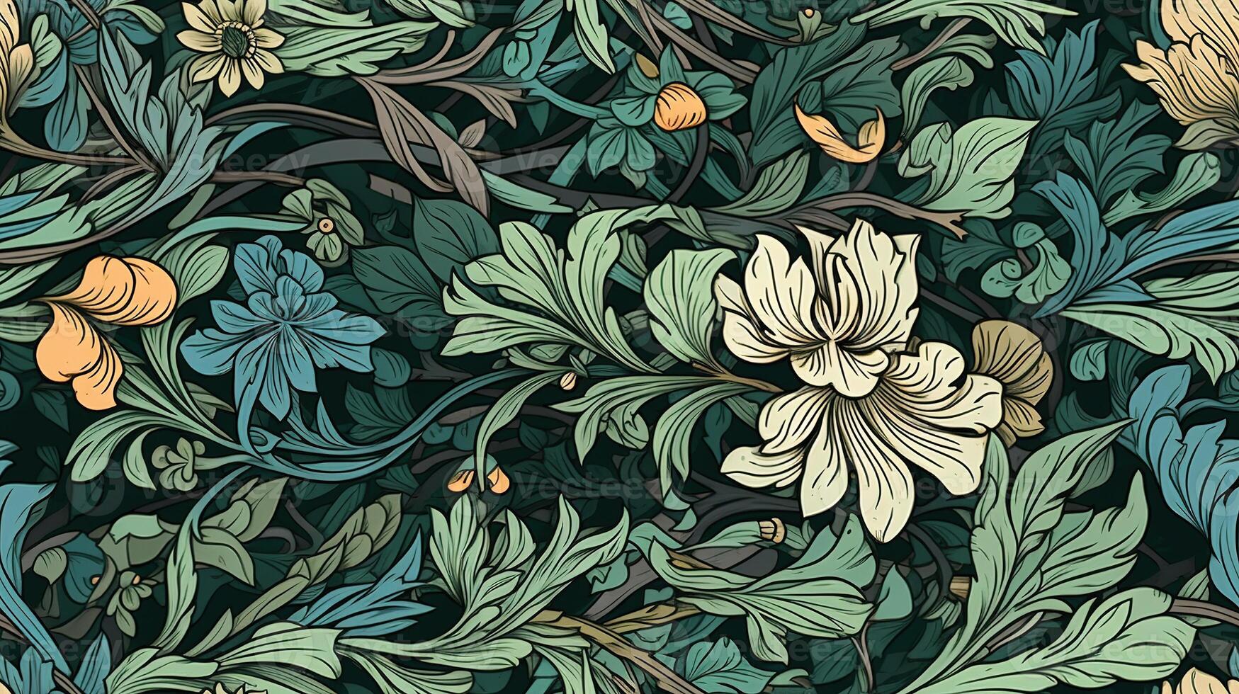 generativo ai, floral colorida padronizar. William Morris inspirado natural plantas e flores fundo, vintage ilustração. folhagem ornamento. foto