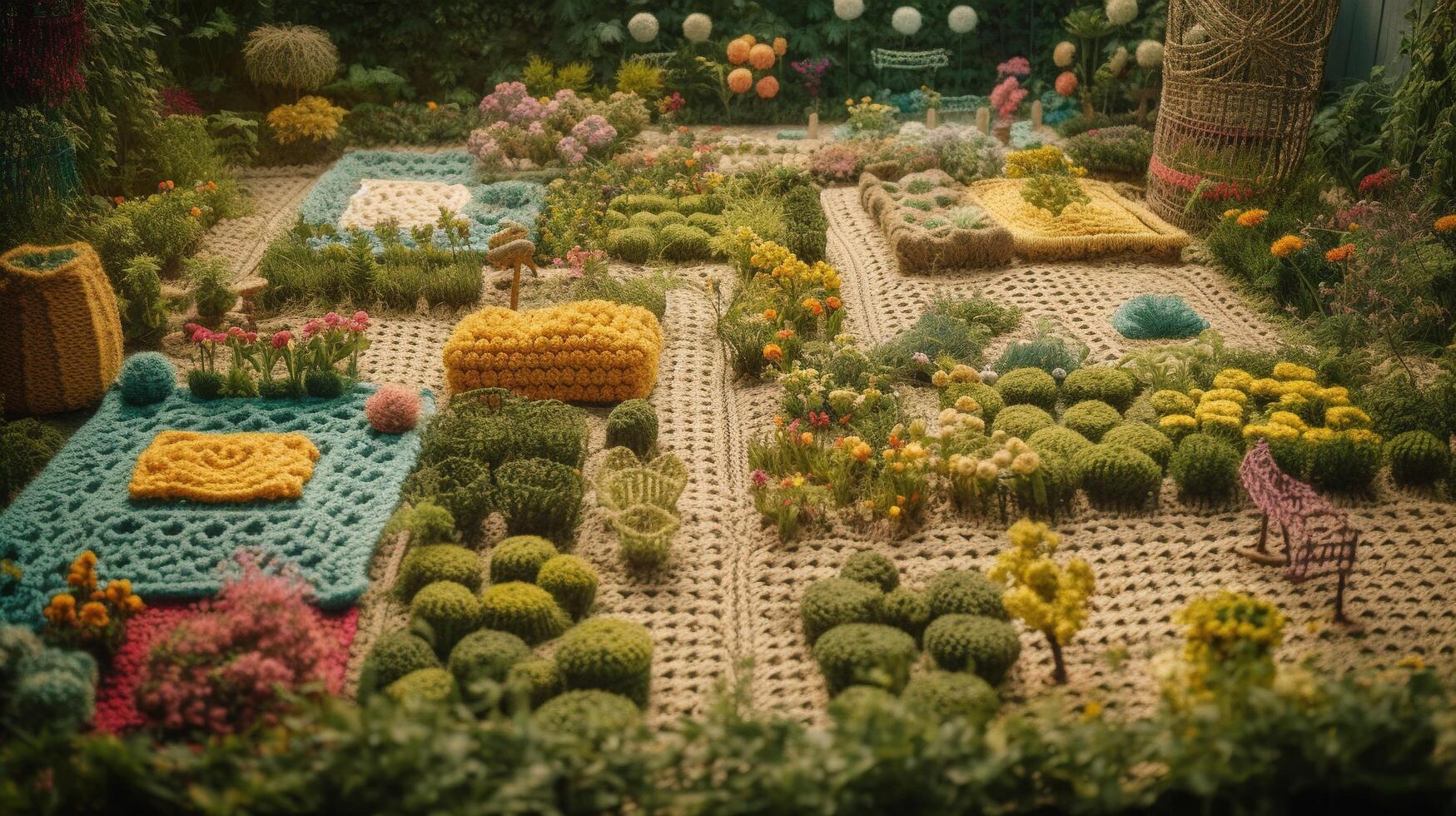 generativo ai, fofa jardim fez do crochê, plantas, árvores, flores suave cores, sonhadores cena panorama fez do crochê materiais, lã, tecido, fio, de costura para fundo foto