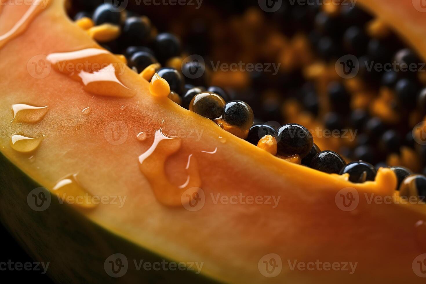 generativo ai, macro fresco metade do mamão fruta fundo. tropical exótico fechar-se foto com gotas