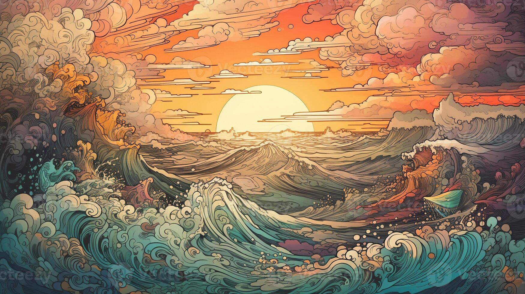 generativo ai, oceano dentro a pôr do sol linear ilustração, psicodélico mangá estilo, altamente detalhado. animê colorida estilo foto