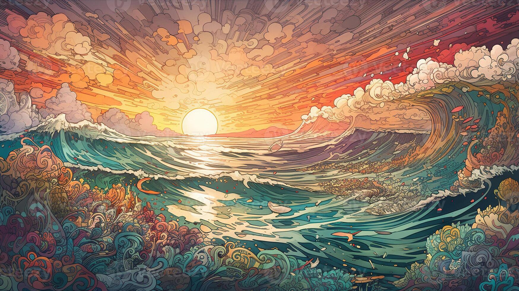 generativo ai, oceano dentro a pôr do sol linear ilustração, psicodélico mangá estilo, altamente detalhado. animê colorida estilo foto
