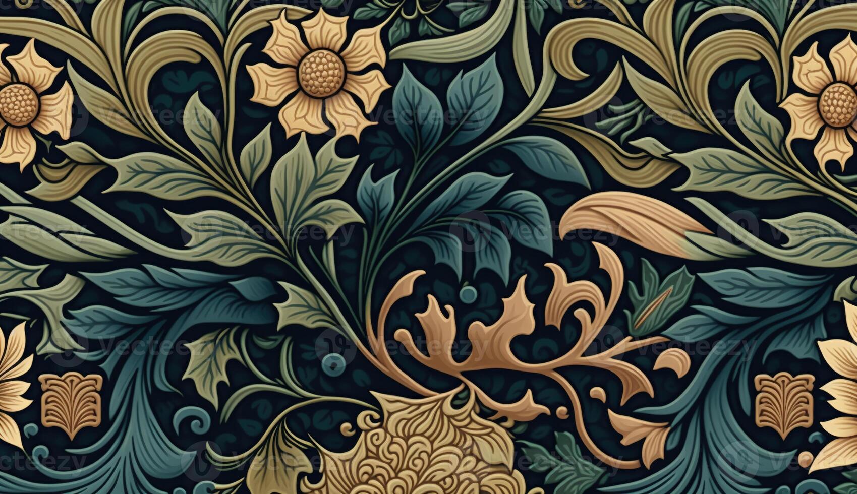 generativo ai, floral colorida padronizar. William Morris inspirado natural plantas e flores fundo, vintage ilustração. folhagem ornamento. foto