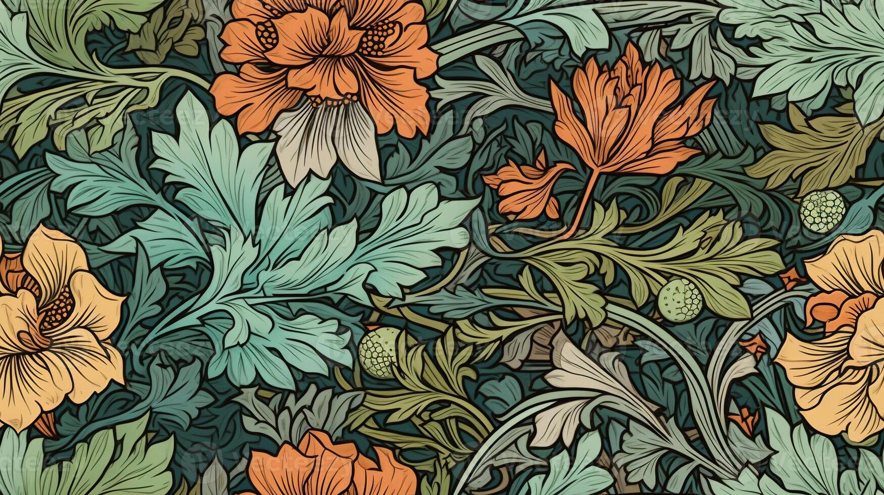 generativo ai, floral colorida padronizar. William Morris inspirado natural plantas e flores fundo, vintage ilustração. folhagem ornamento. foto