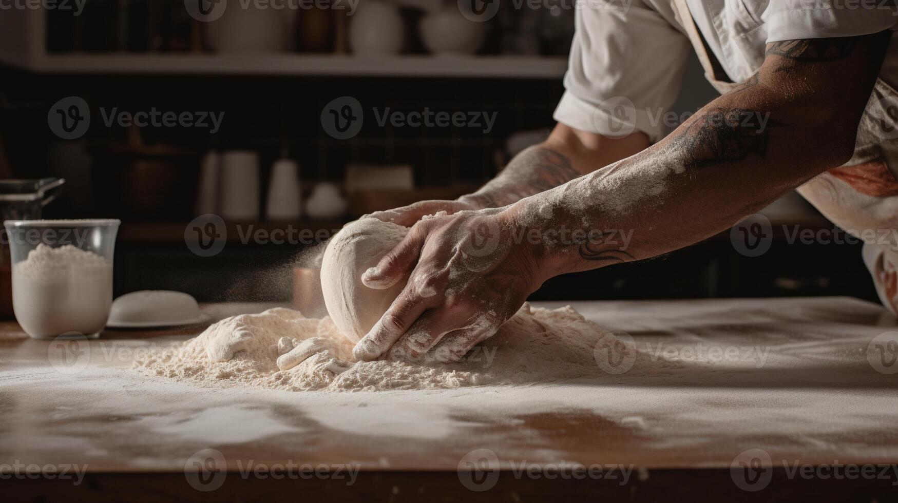 generativo ai, mãos do padeiro dentro restaurante ou casa cozinha, prepara ecologicamente natural pastelaria foto