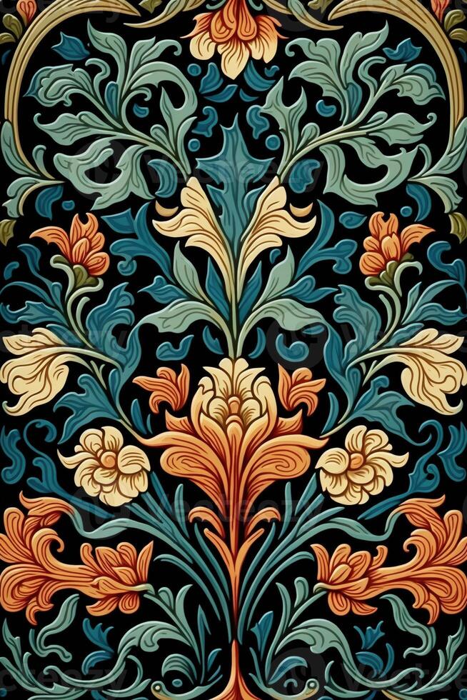 generativo ai, floral colorida padronizar. William Morris inspirado natural plantas e flores vertical fundo, vintage ilustração. folhagem ornamento. foto