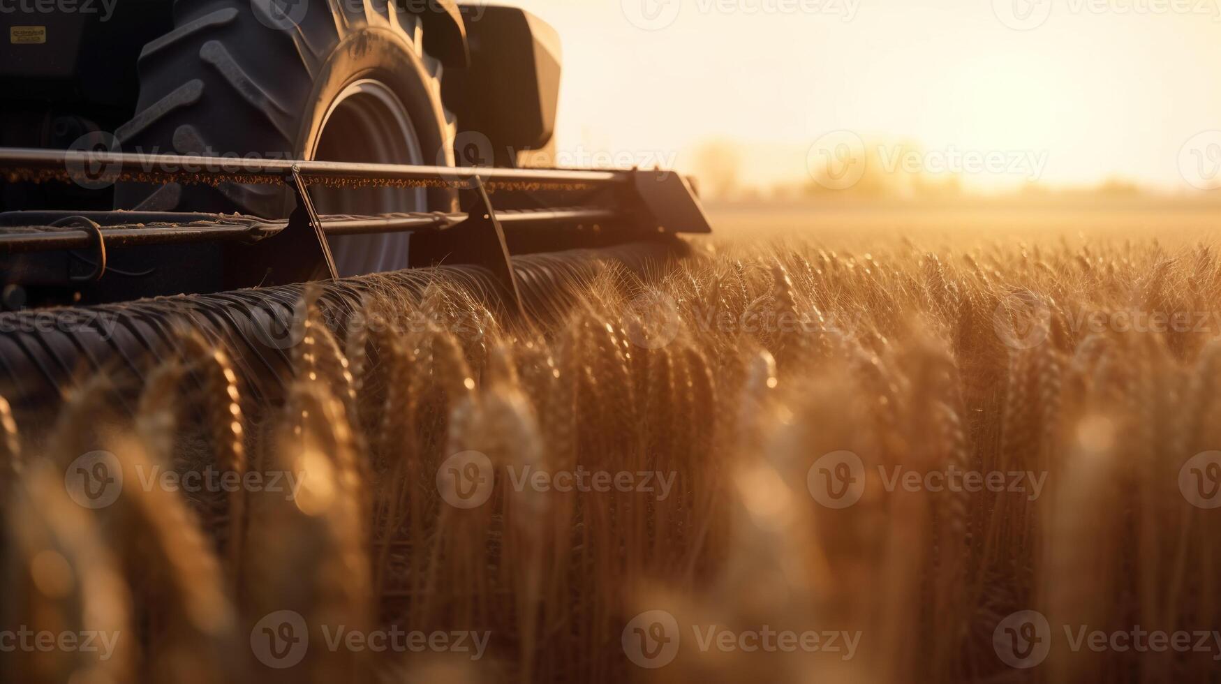 generativo ai, fechar-se moderno combinar colheitadeira em uma trigo campo, Fazenda paisagem, agrícola lindo interior. natureza ilustração, fotorrealista horizontal bandeira. foto