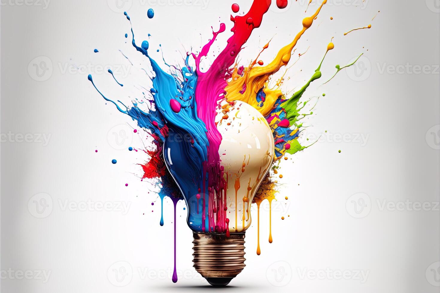 ilustração do colorida lâmpada com respingo do cores em branco fundo. criatividade, eureca, imaginação, inspiração. generativo ai. idéia e solução conceito foto