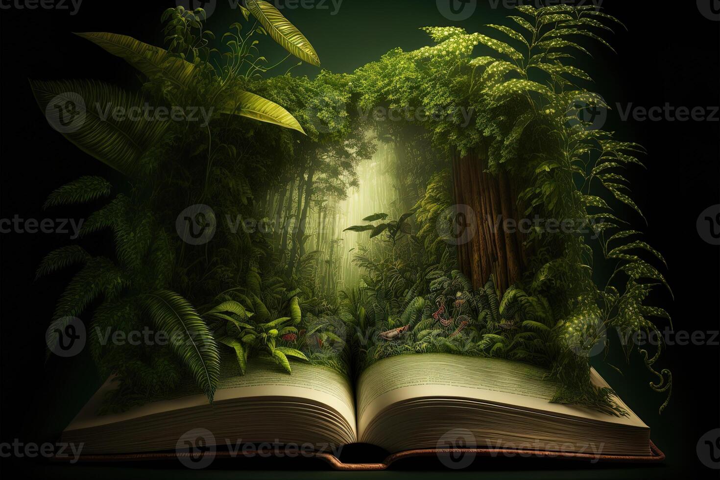 uma tropical floresta tropical selva com papagaio, pássaro, macaco, Lobo aparecendo abertura uma livro. selva livro para miúdo. fantástico selva panorama. generativo ai foto