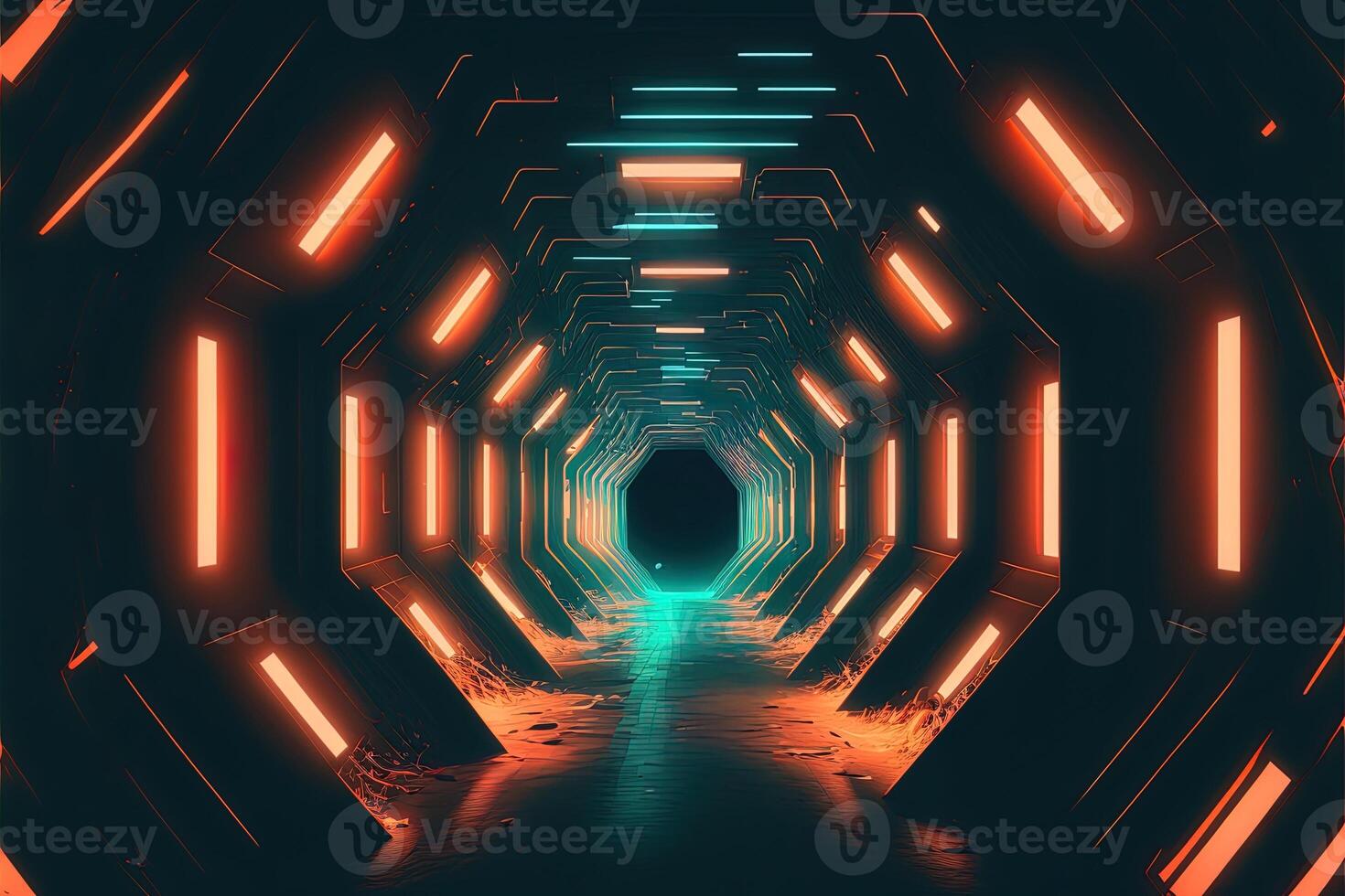 ficção científica cyber futurista esvaziar generativo ai túnel fundo Saída ou objetivo à frente. abstrato cyber ou digital estrada conceito cyberpunk cyber sintetizador túnel corredor foto