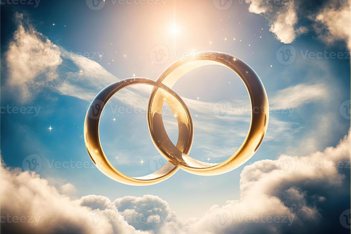 uma par do ouro Casamento argolas flutuando dentro a céu. dois Casamento argolas flutuando dentro a nuvens com uma Sol dentro a fundo e uma azul céu com nuvens abaixo eles. generativo ai. Casamento conceito. foto