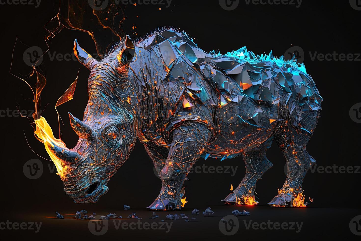 generativo ai fusão do metal rinoceronte explodindo através fogo cercado de espalhados vidro fragmentos e destroços, cósmico energia foto