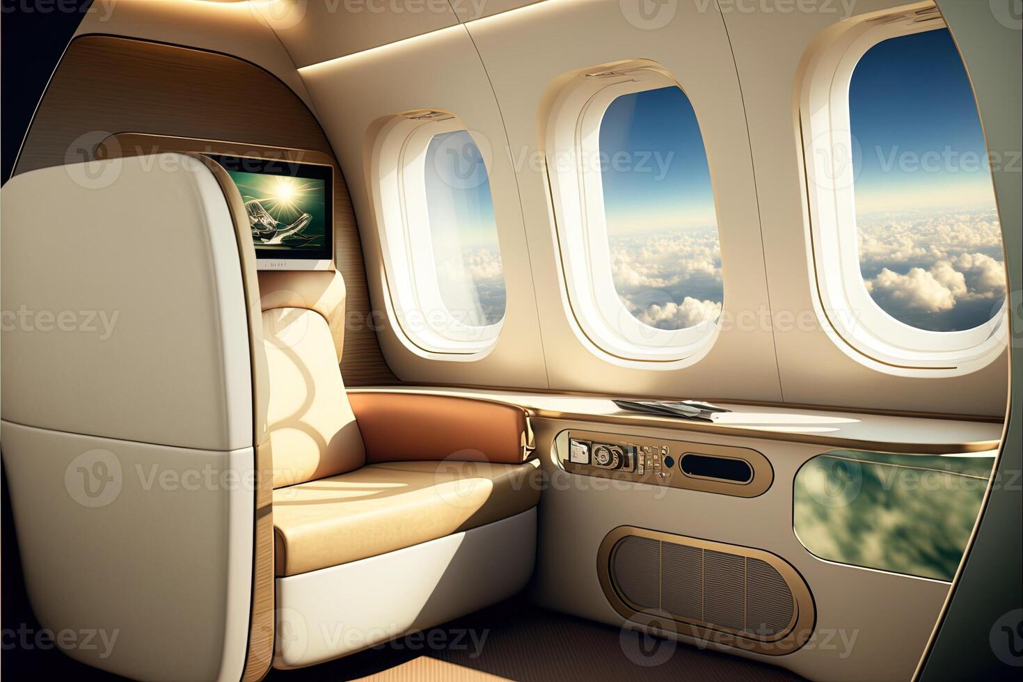 luxuoso primeiro classe avião assento com grande quantidade do janelas. generativo ai visualização do a vip cabine do uma o negócio classe aeronaves. interior do uma privado jato foto