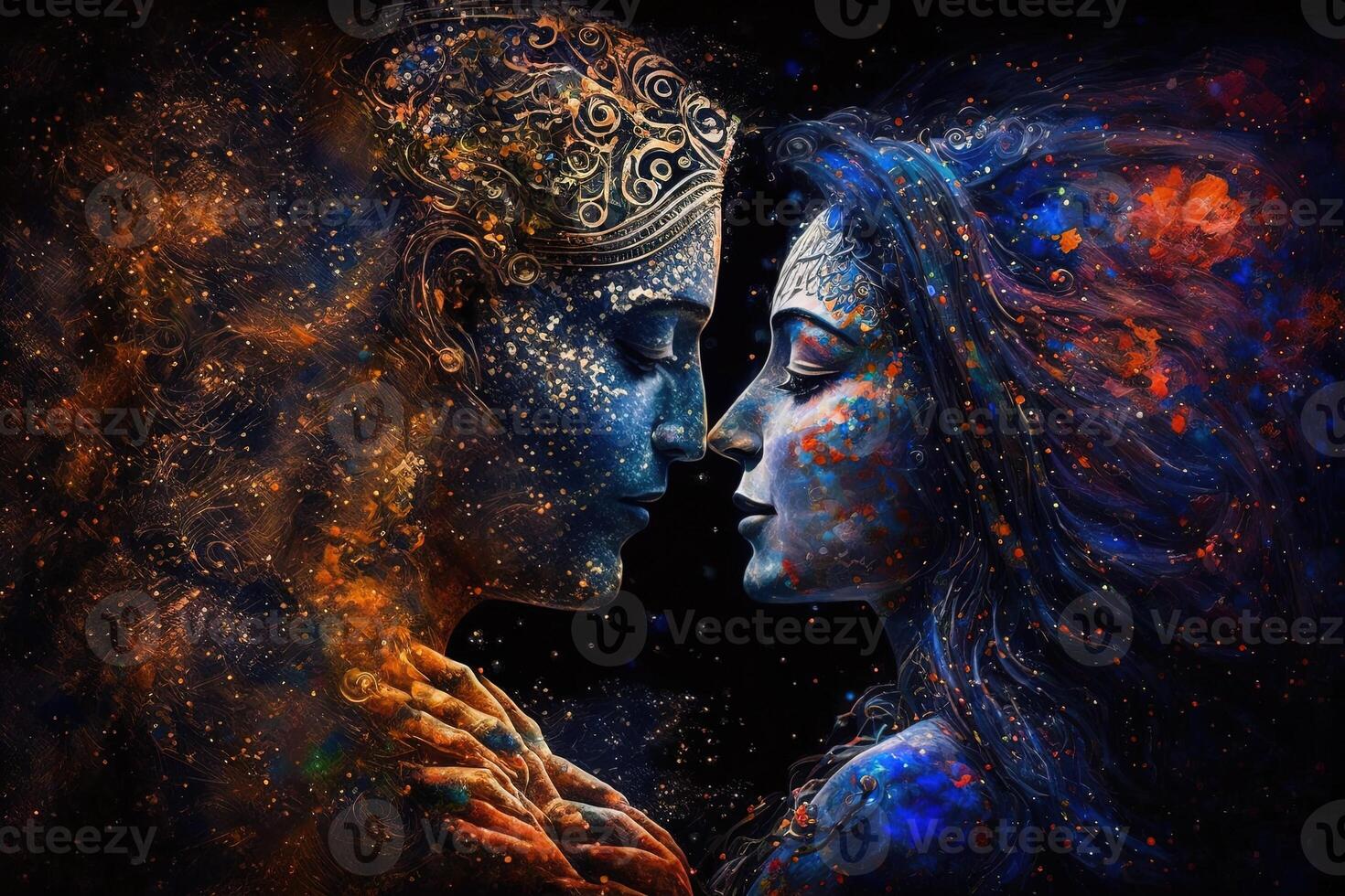 Radha Krishna dentro amor médio tiro fotografia retrato do cósmico galáctico generativo ai. símbolo do Divino amar. arte impressão para casa decoração hindu casal em abstrato decorativo fundo foto