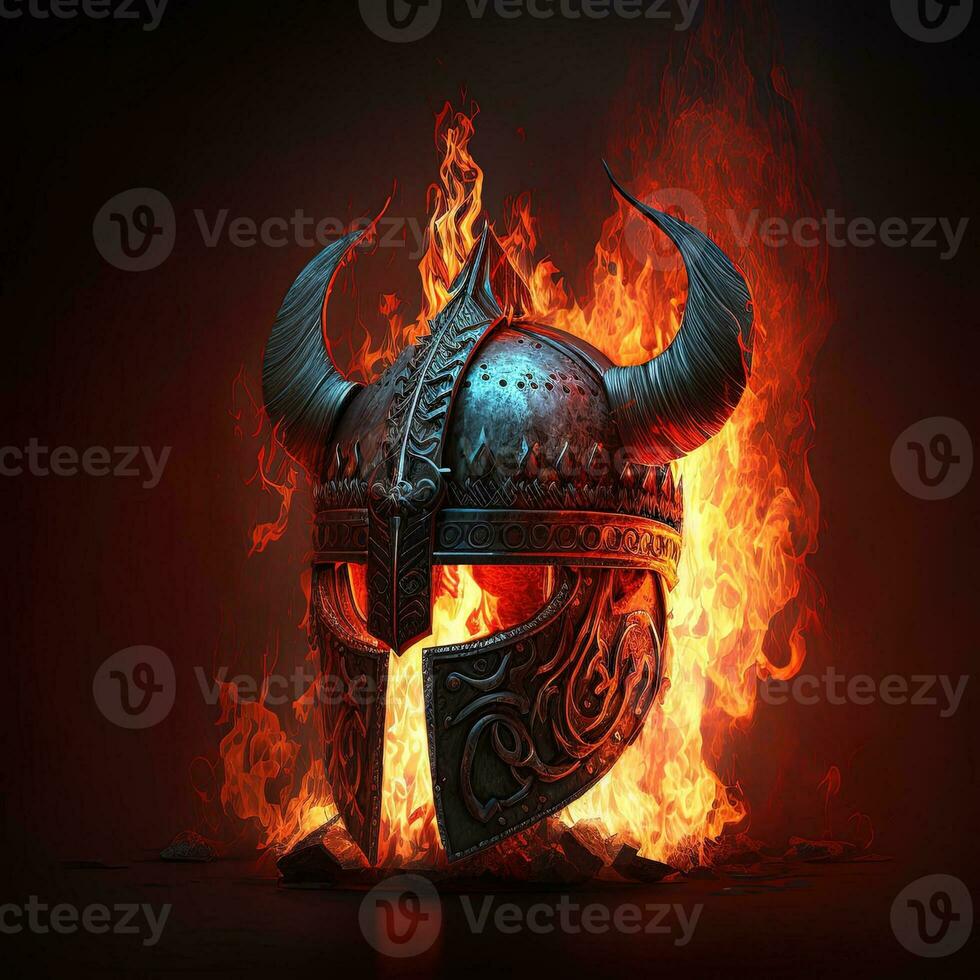 generativo uma ferro e couro viking capacete brilhando com profundo vermelho fogo, luz brilhante. foco metal viking Guerreiro capacete com chifres e runas foto