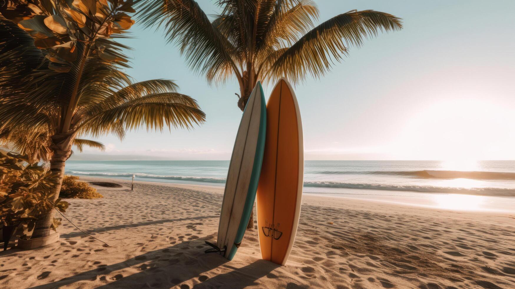 prancha de surfe e Palma árvore em de praia. ilustração ai generativo foto