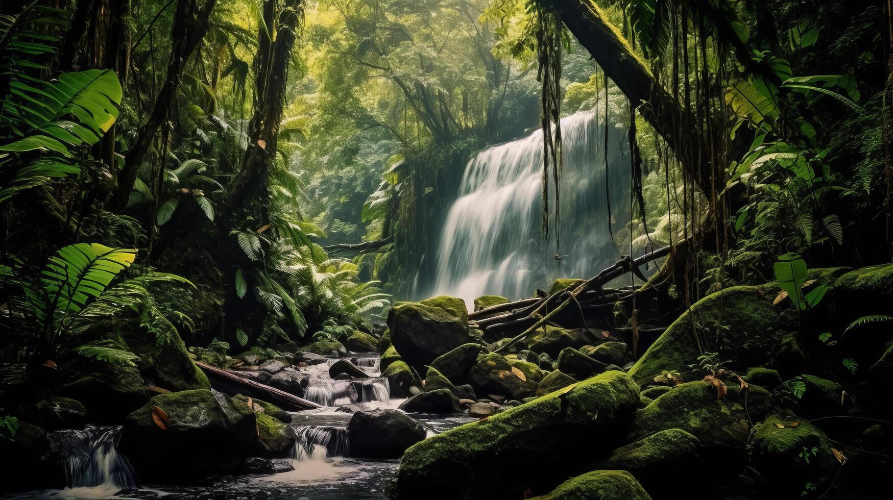 cascata dentro tropical floresta. ilustração ai generativo foto