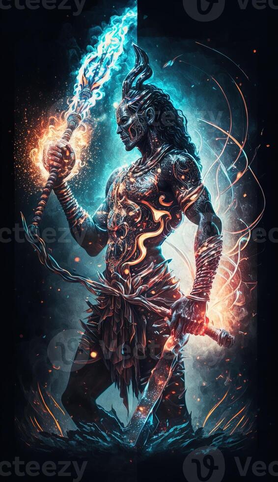 generativo ai hindu Deus Shiva, colorida indiano hindu Deus shiva mão segurando tridente. Deus shiva épico pose com trishula, Magia dentro mão para camiseta imprimir, poster - hindu religioso arte. foto