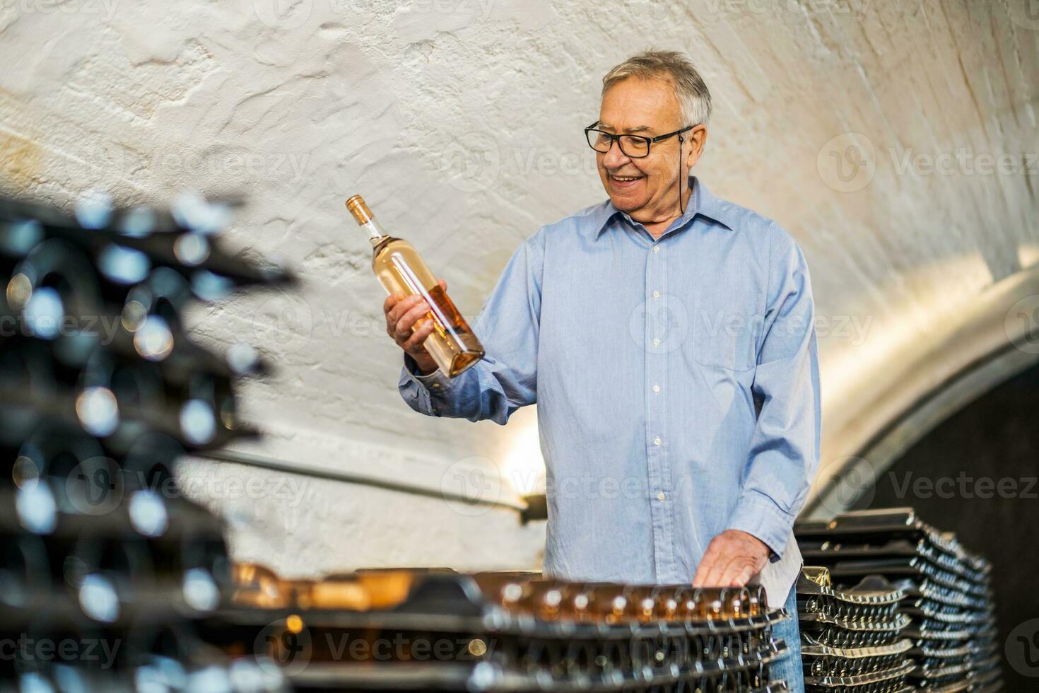 retrato do Senior homem quem possui adega. ele é examinando qualidade dentro dele vinho porão. indústria vinho fazer conceito. foto