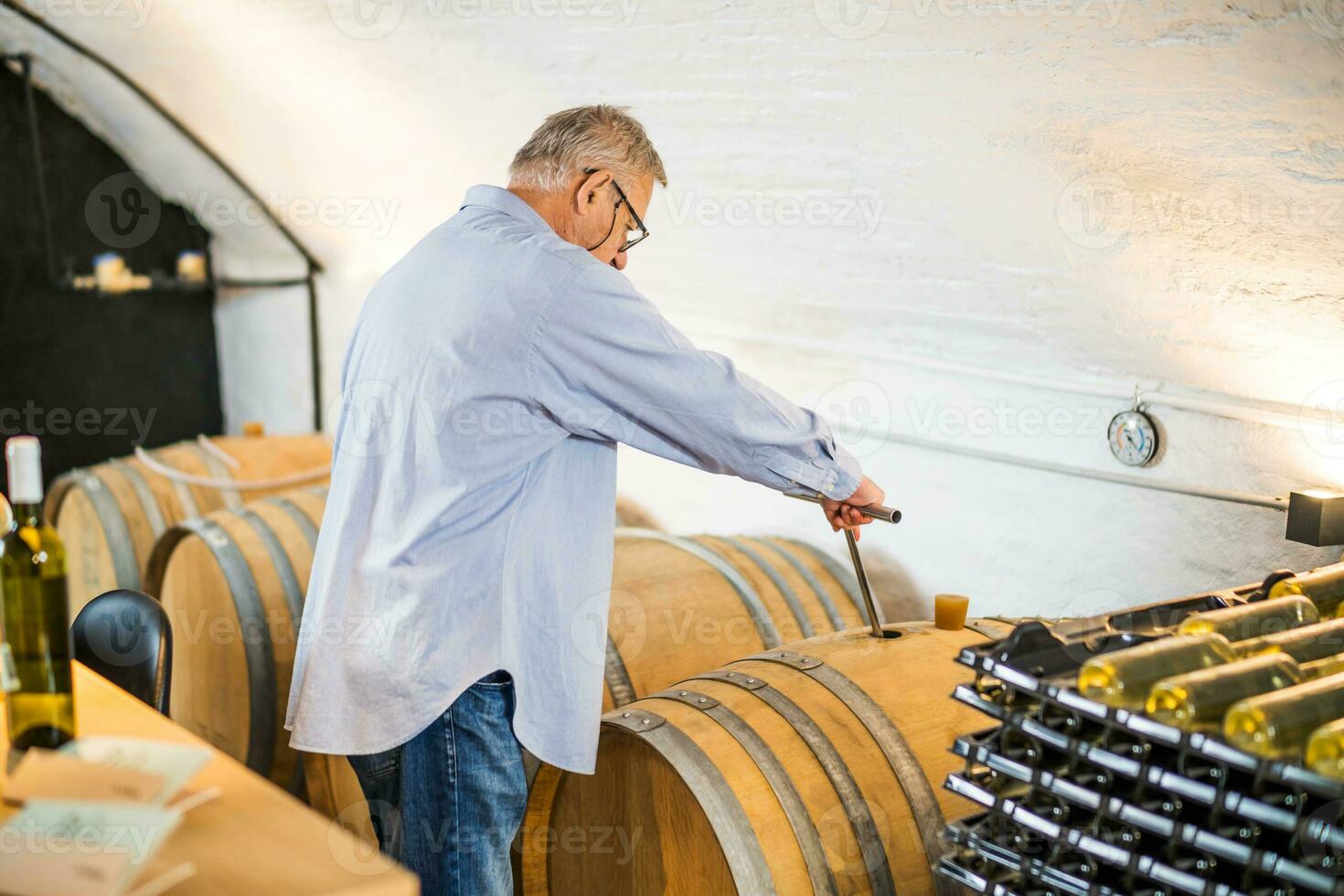 retrato do Senior homem quem possui adega. ele é examinando qualidade dentro dele vinho porão. indústria vinho fazer conceito. foto