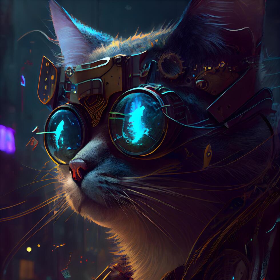 fantasia retrato do uma gato dentro uma steampunk traje com copos., ai generativo imagem foto