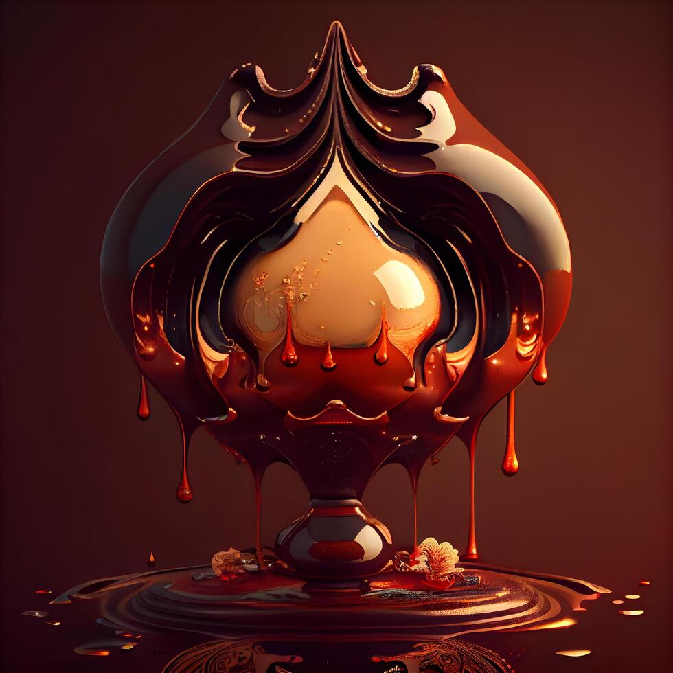 3d ilustração do líquido chocolate gotejamento sobre Sombrio fundo. chocolate respingo., ai generativo imagem foto