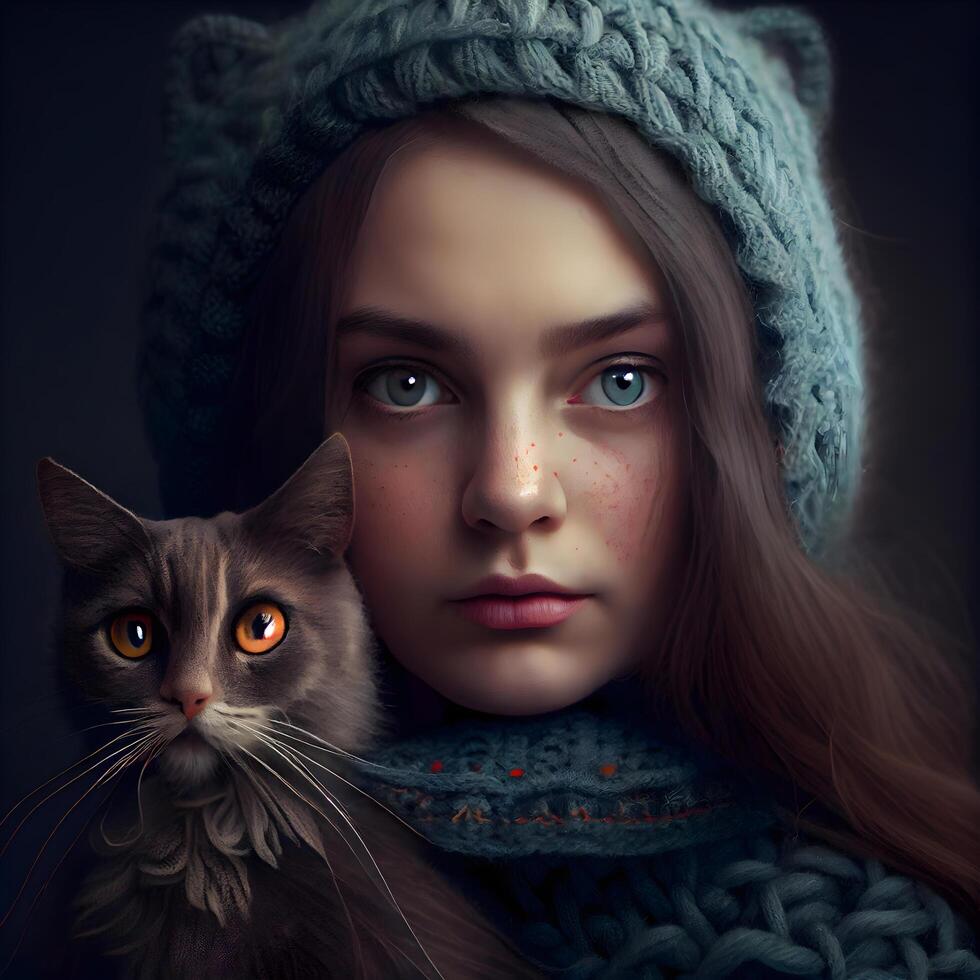 retrato do uma lindo menina com uma gato dentro uma inverno chapéu., ai generativo imagem foto