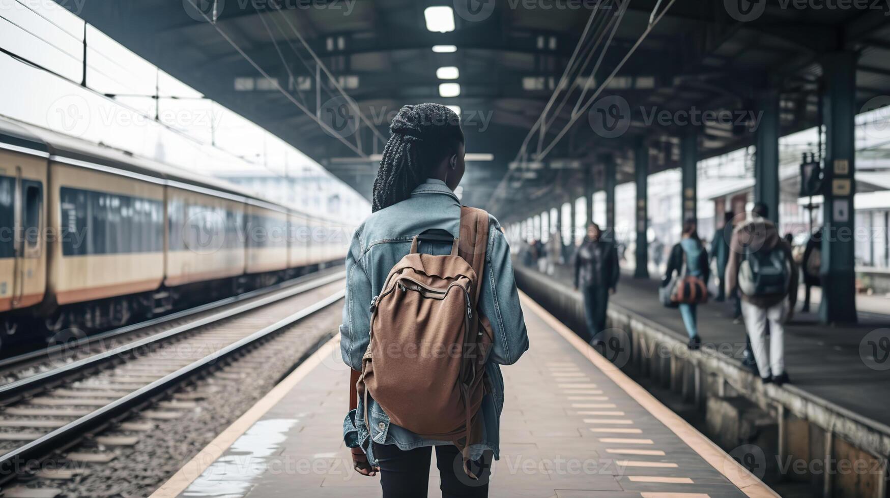 uma caminhando africano mulher em a estrada de ferro estação antes dela viagem entre dois rodovia trens esperando para saída em a plataforma dentro de casa do uma Ferrovia depósito, generativo ai foto