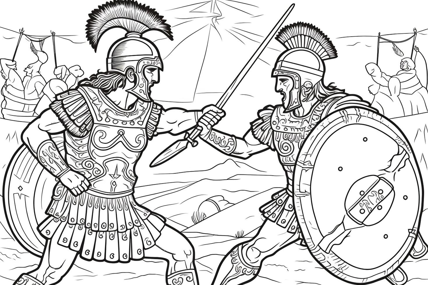 medieval batalha cena com cavalaria e infantaria. Preto e branco vetor ilustração.coloração livro page.generative ai foto