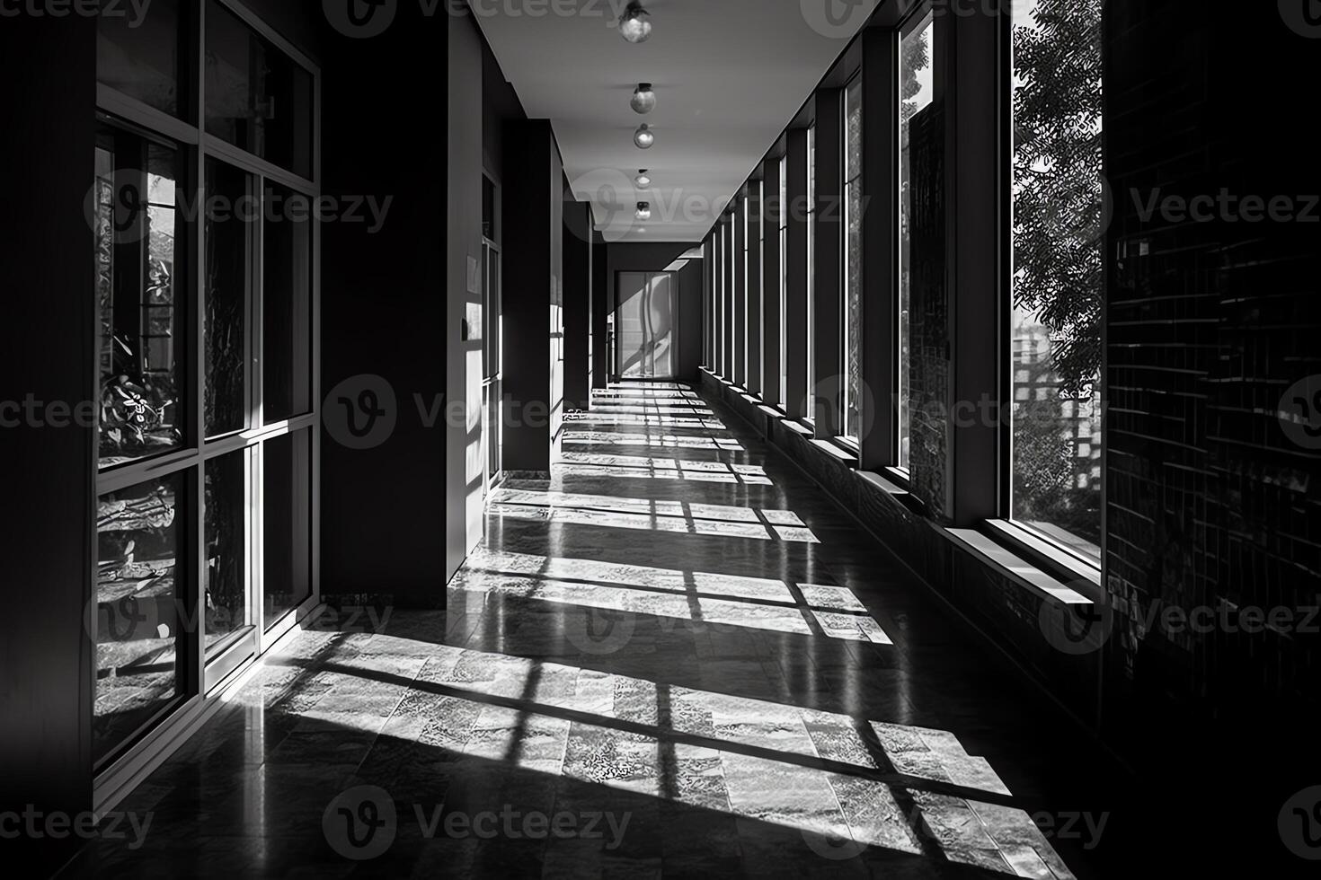 abstração do arquitetônica espacial Projeto com a ritmo do janelas sombras e paredes corredor sem pessoas bw brilhante luz solar contraste. ai gerado foto