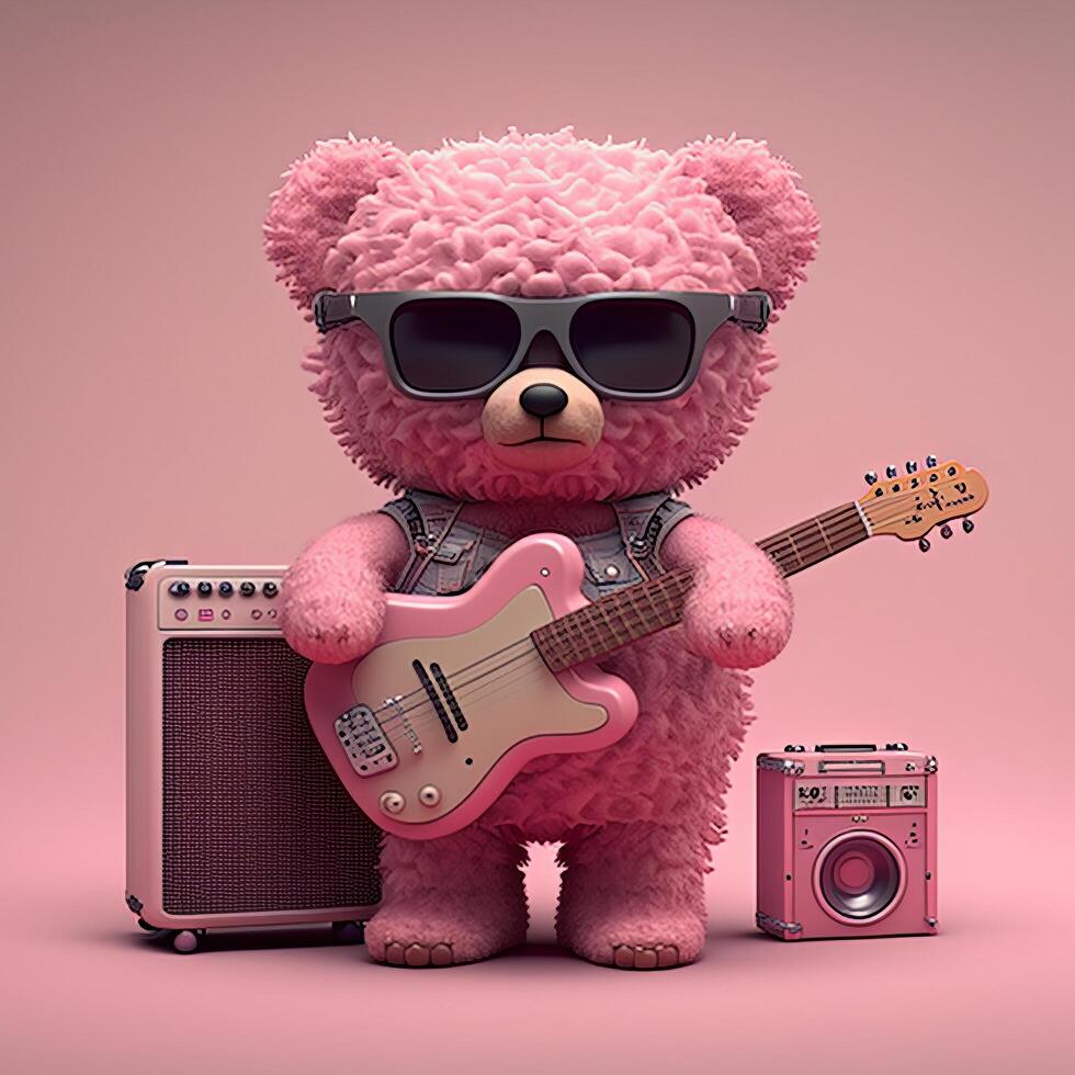 Urso de pelúcia Urso com guitarra e amplificador em Rosa fundo. 3d renderizando..generativo ai foto