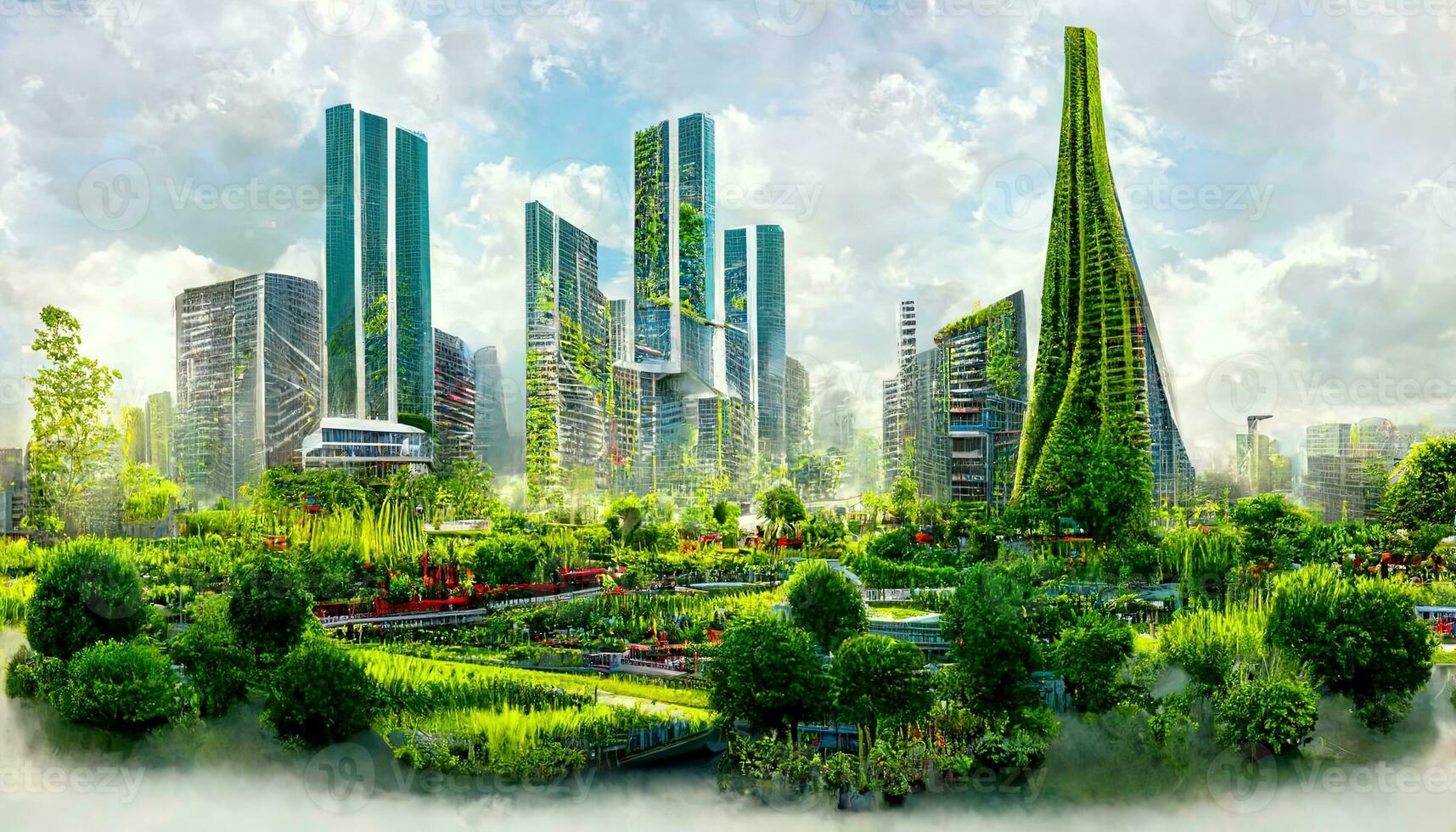 espetacular eco-futurista paisagem urbana cheio com vegetação, arranha-céus, parques, e de outros feito pelo homem verde espaços dentro urbano área. verde jardim dentro moderno cidade. foto