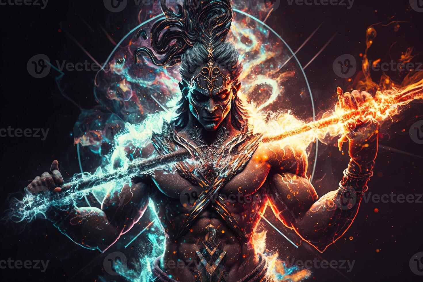 generativo ai hindu Deus Shiva, colorida indiano hindu Deus shiva mão segurando tridente. Deus shiva épico pose com trishula, Magia dentro mão para camiseta imprimir, poster - hindu religioso arte. foto