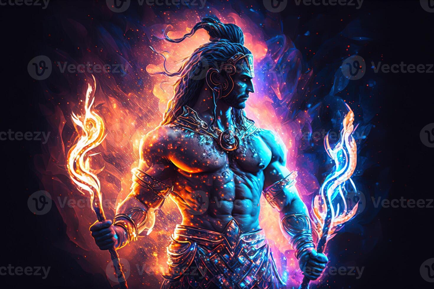 generativo ai hindu Deus Shiva, colorida indiano hindu Deus shiva mão segurando tridente. Deus shiva épico pose com trishula, Magia dentro mão para camiseta imprimir, poster - hindu religioso arte. foto