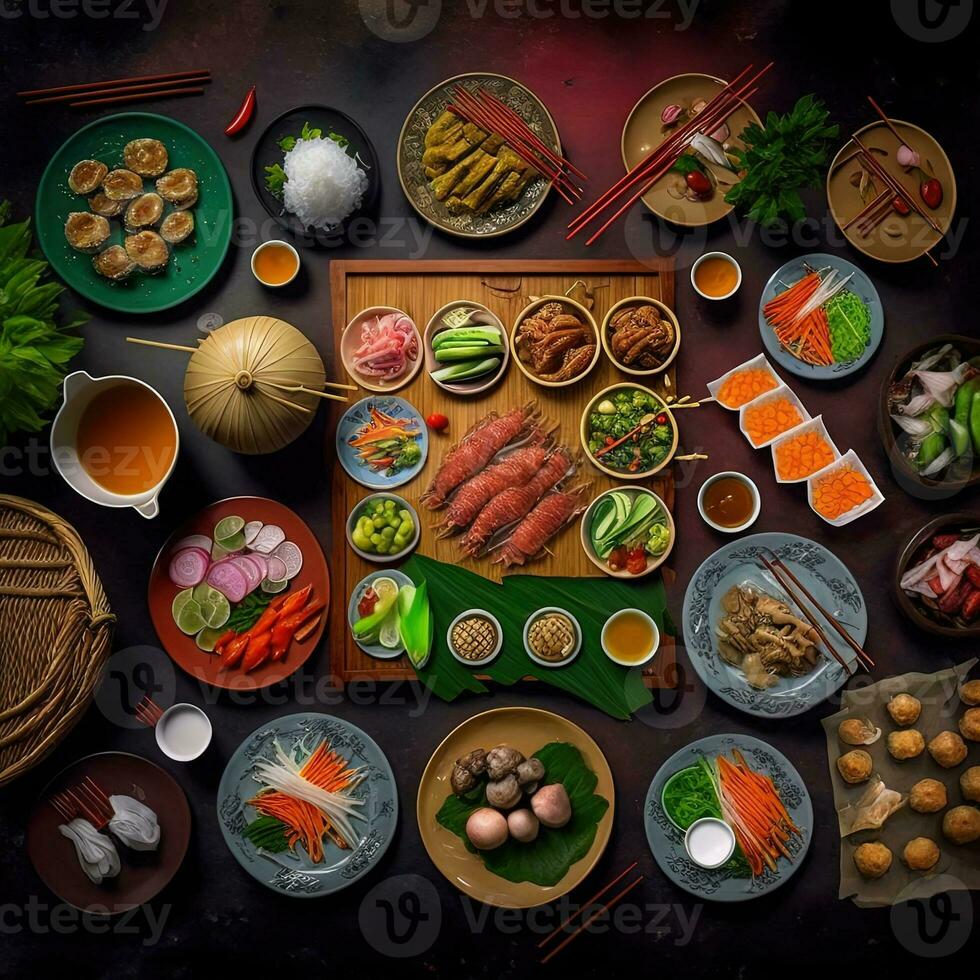 topo Visão do mesa jantar vietnamita. knolling fotografia do família jantar Novo ano , vibrante. vietnamita tradicional refeição dentro país lado. plano deitar. foto