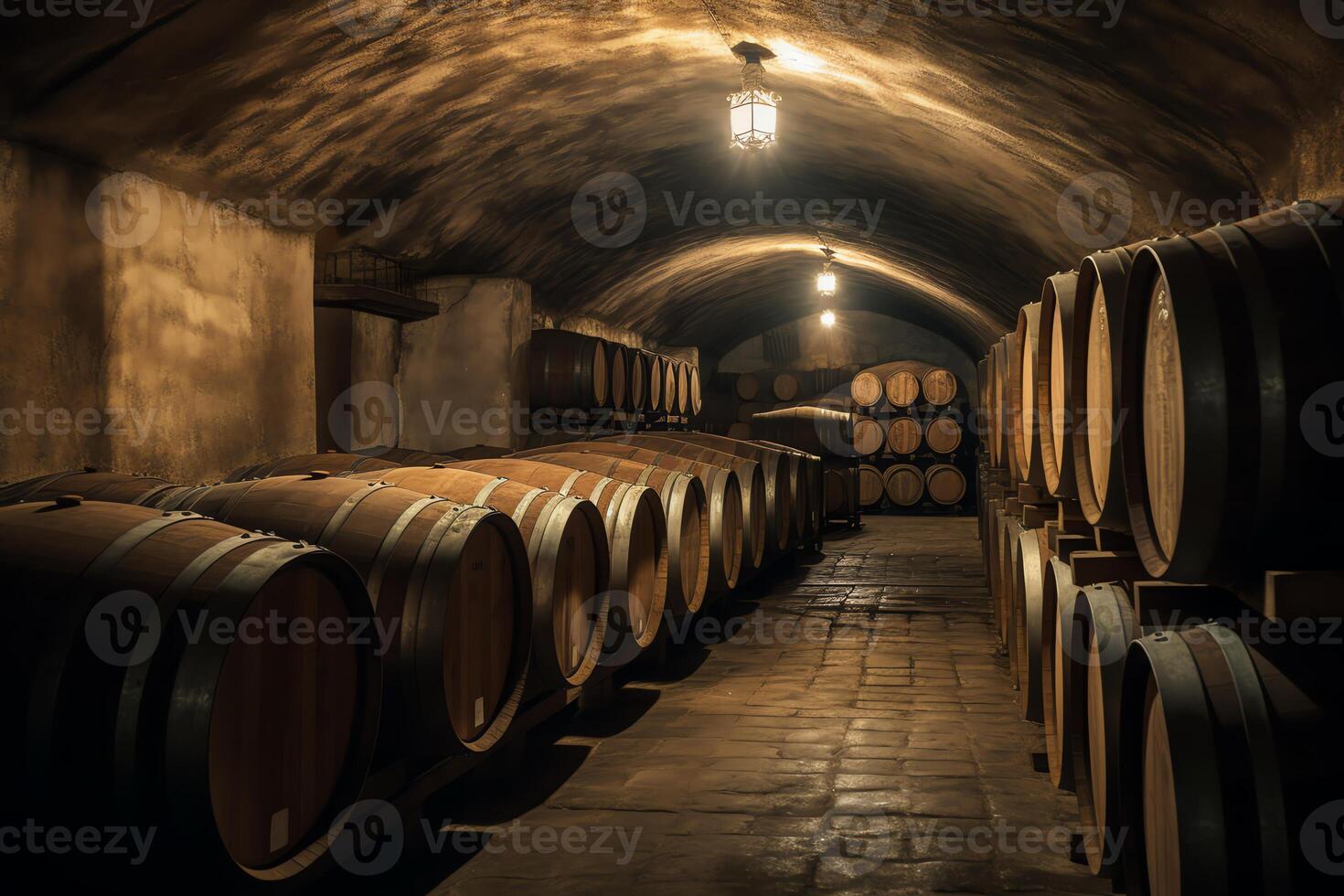 vinho barris dentro a porão do a adega. ai gerado foto