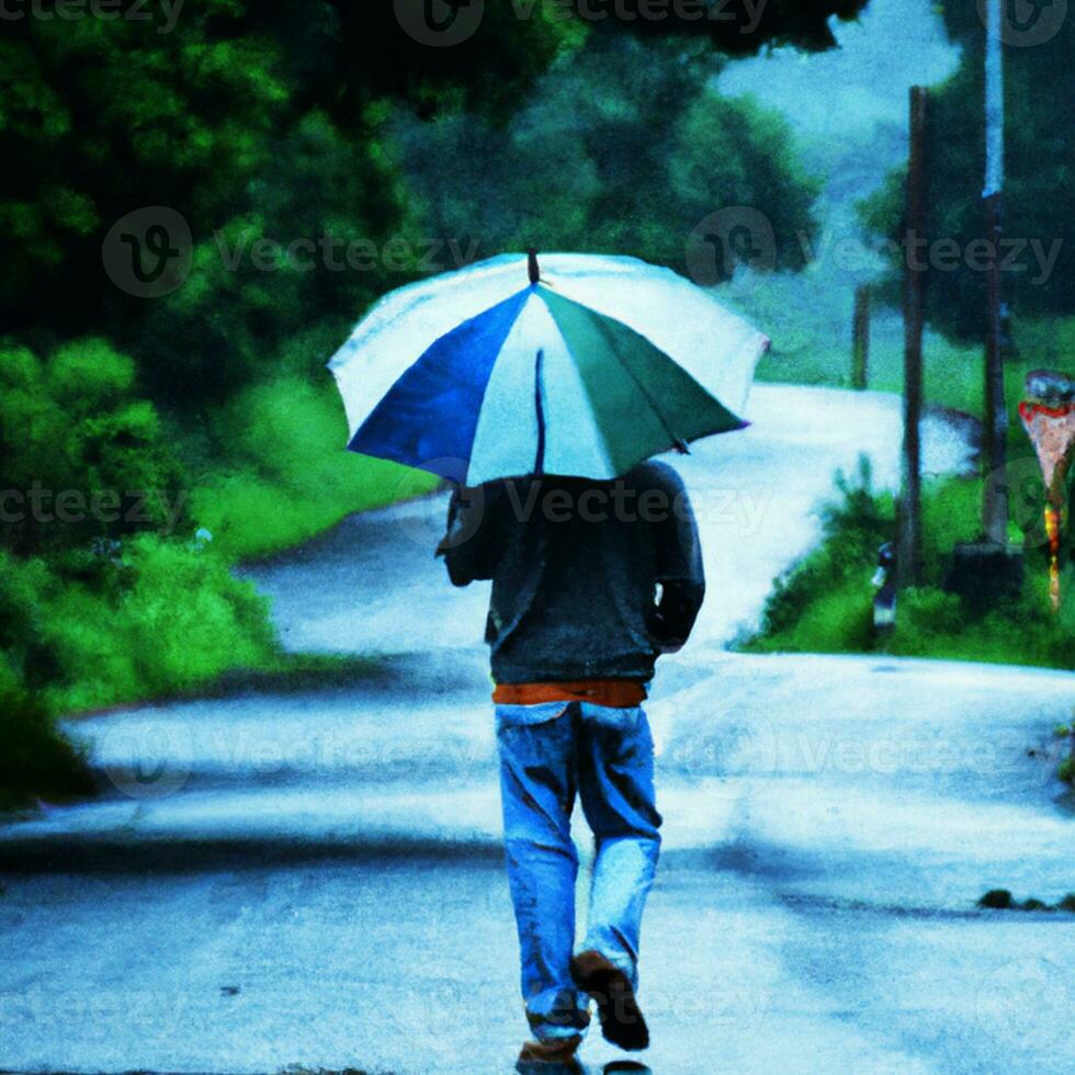 uma homem caminhando dentro uma estrada dentro chuvoso dia genético ai imagem foto