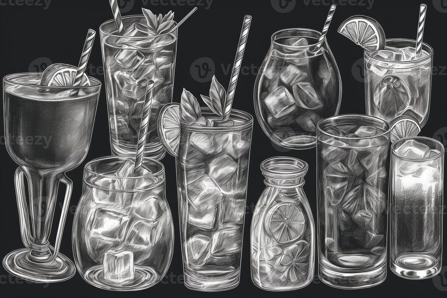 conjunto do mão desenhado coquetéis com guarnições palhas gelo cubos variedade do bebendo óculos grafite lápis. ai gerado foto
