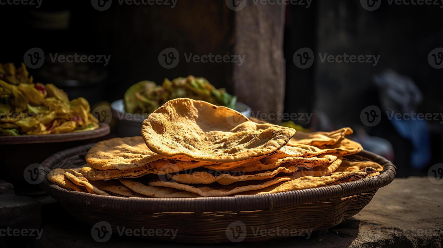 a favorito indiano rua alimentos- todo trigo chapati ou chapati com vegetal Curry, generativo ai foto