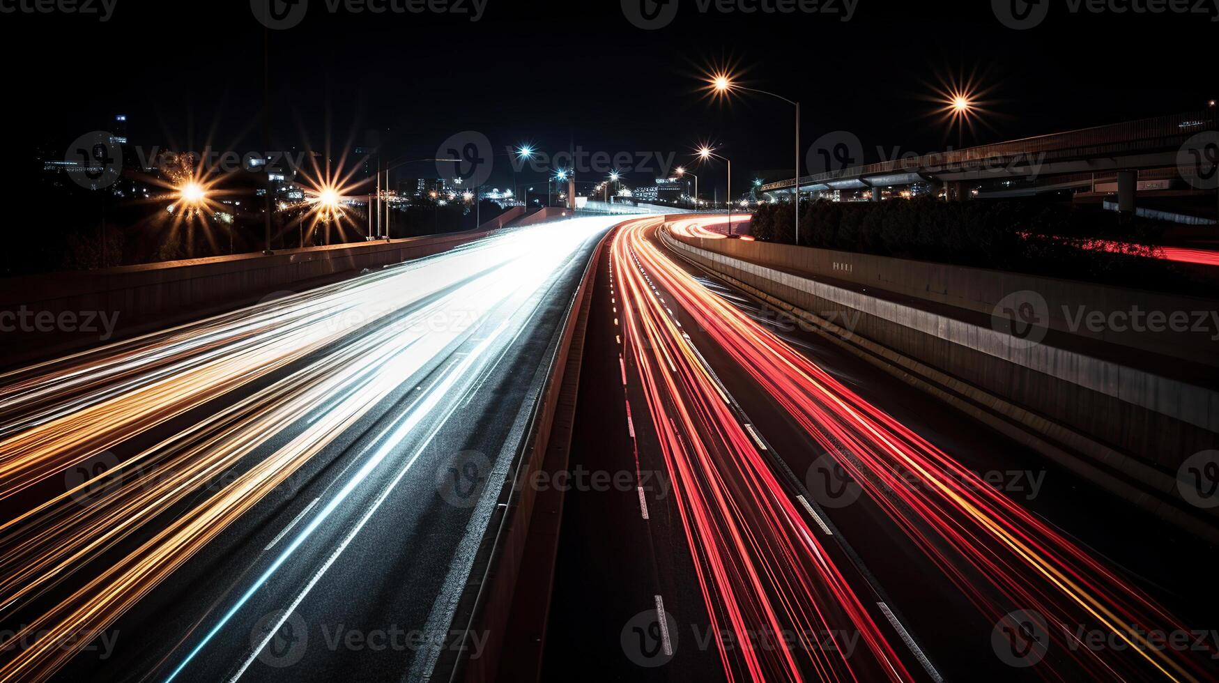 tráfego em a rodovia sobre passar ou sobrevôo com movimento desfocado cabeça luzes, generativo ai foto