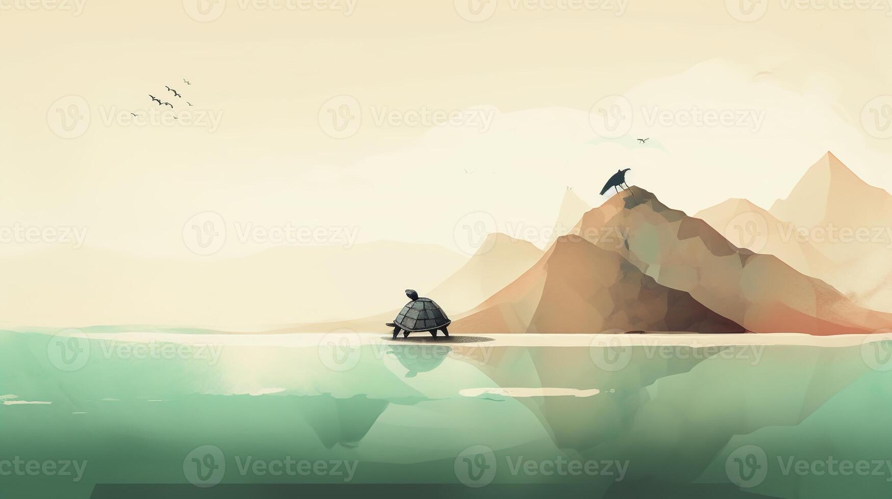 uma mar tartaruga rastejando em a arenoso de praia com uma montanha dentro a fundo. ai gerado. foto
