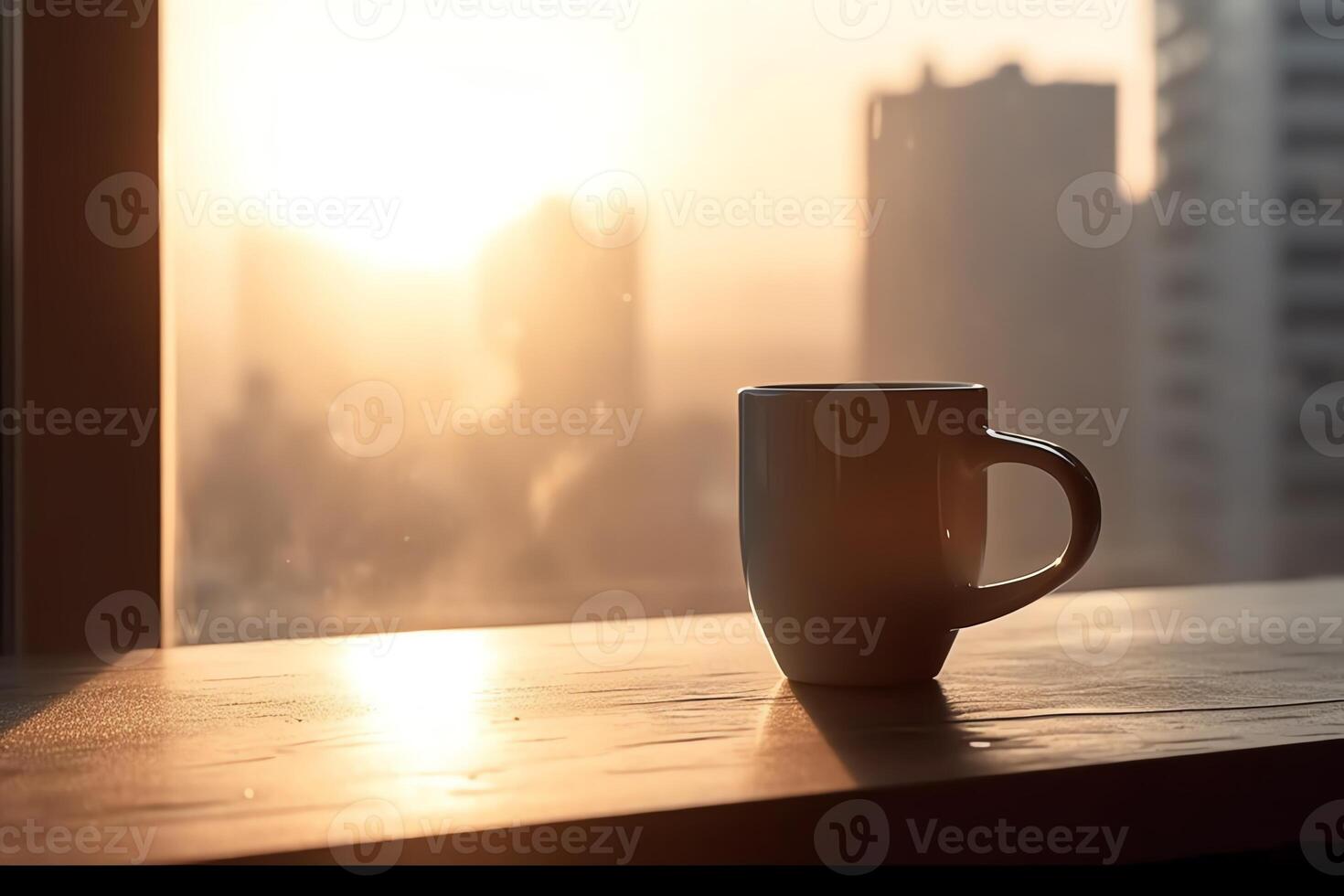 café caneca em peitoril da janela nascer do sol e arranha-céus dentro a fundo ai gerativ. ai gerado foto