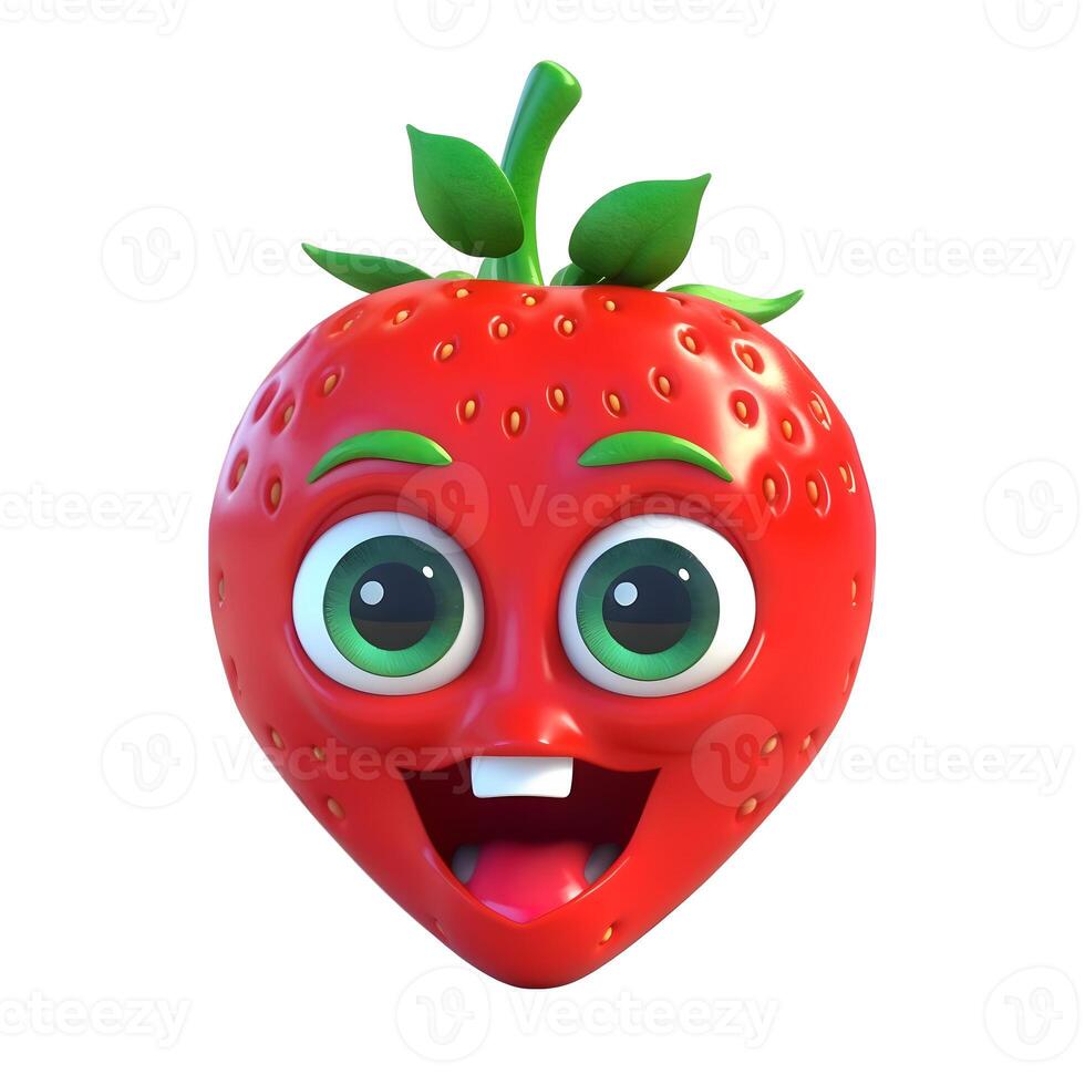 generativo ai conteúdo, desenho animado fruta personagem, feliz morango, com face e olhos isolado em branco fundo. fruta Series. foto