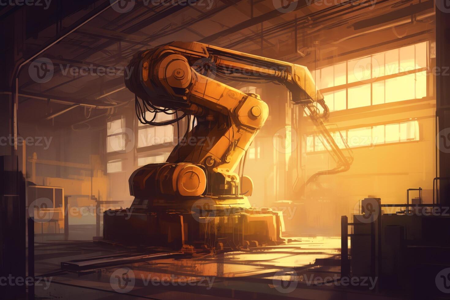 tecnologia idéia digital arte ilustração do a industrial máquina robótico braço às uma fábrica. ai gerado foto