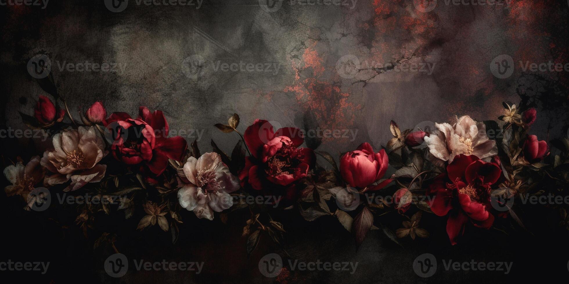 generativo ai, fechar acima do florescendo canteiros de flores do surpreendente vermelho cor flores em Sombrio temperamental floral texturizado fundo. fotorrealista efeito.. foto