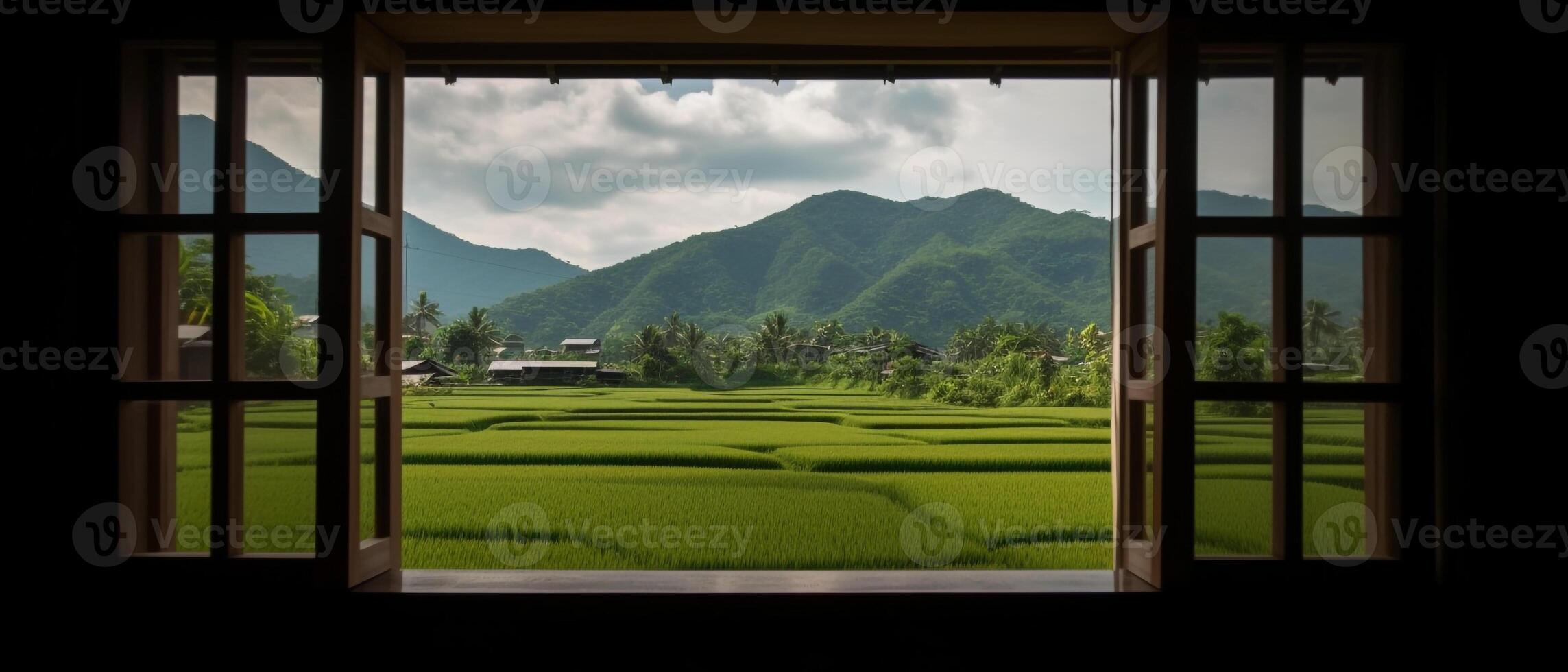 uma janela Visão do uma arroz campo com montanhas dentro a fundo. ai generativo foto