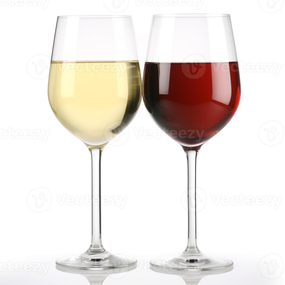 vermelho vinho e branco vinho dentro a vidro com vinho garrafa e uva em branco fundo. ai generativo foto