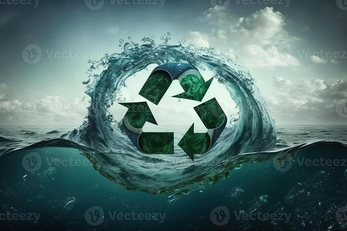 reciclar símbolo dentro a oceano. generativo ai verde energia conceito, não Mais Lixo e plástico dentro mar. Salve  a oceano a partir de lixo. protegendo a oceanos e mares. eco poder foto